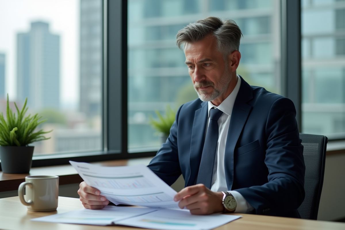 Homme d'affaires en costume regardant des documents financiers