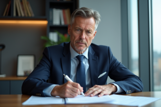 Homme d'affaires en costume bleu examinant des documents