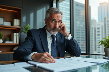 Homme d'affaires en costume examine des documents financiers