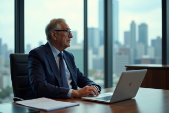 Homme d'affaires en costume navy regardant par la fenêtre