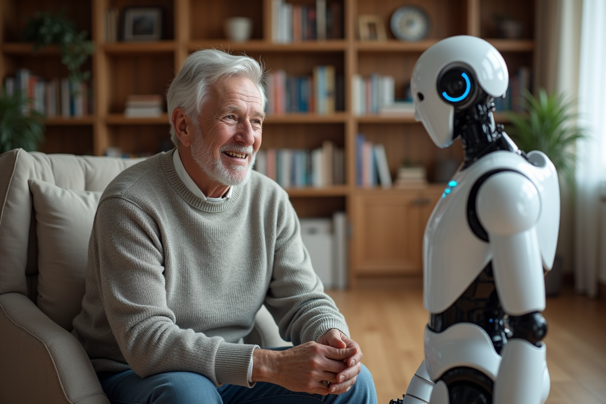 Homme age interagit avec robot de surveillance a domicile