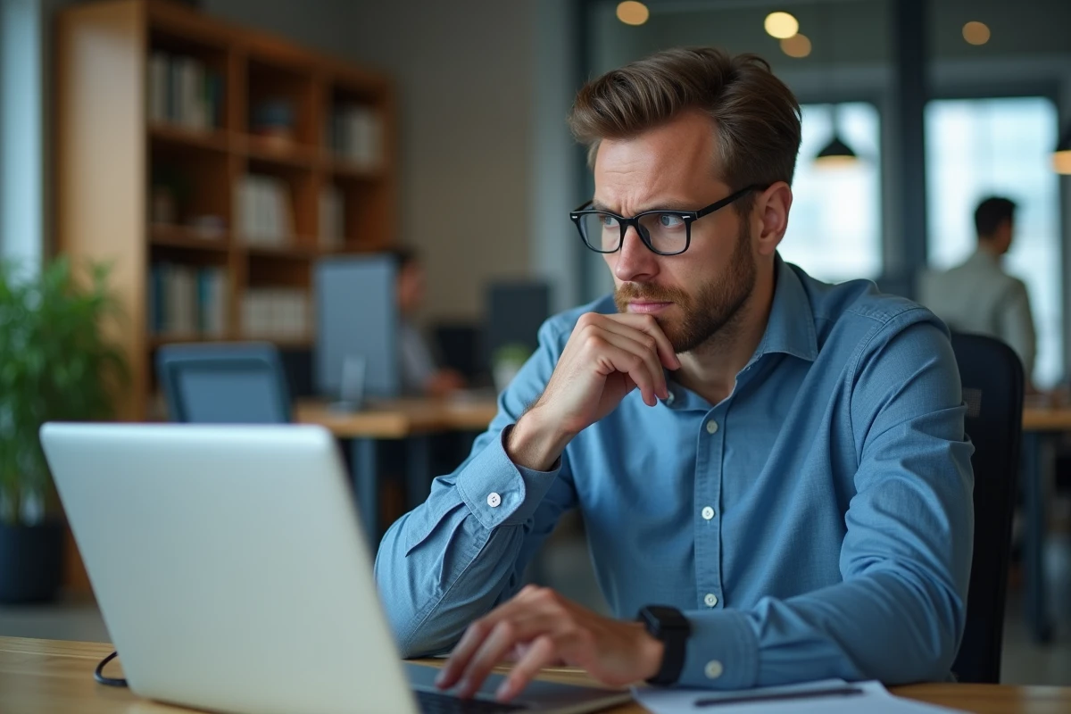 Homme consultant une application anti-démarchage sur son ordinateur portable au bureau