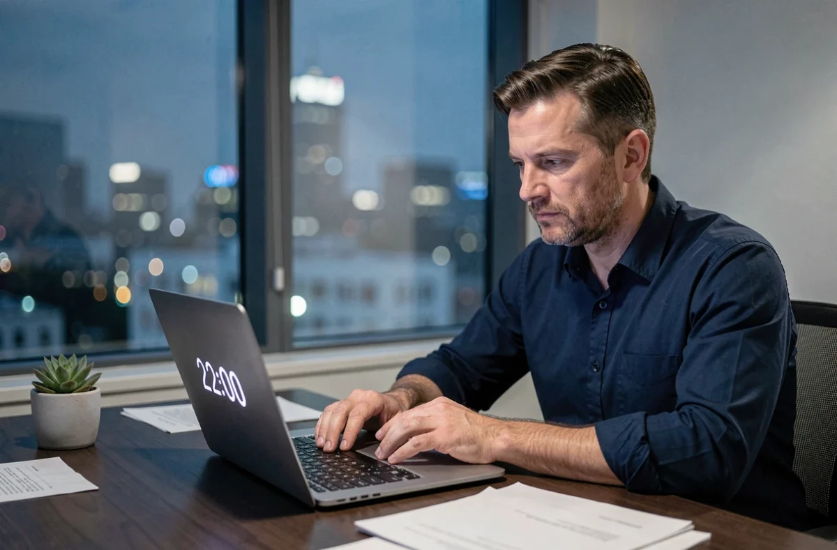 Homme travaillant tard le soir devant un ordinateur affichant 22h00 dans un bureau moderne