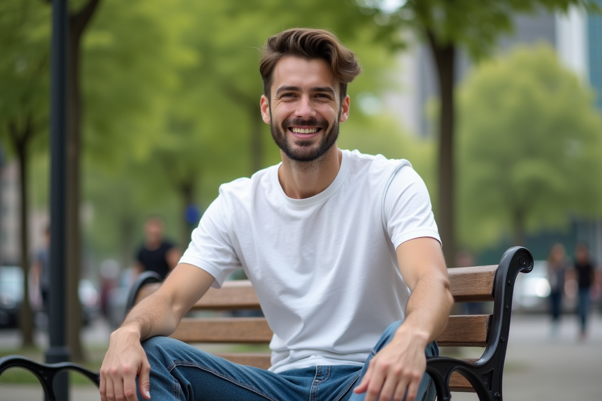 Homme en t-shirt blanc assis dans un parc urbain