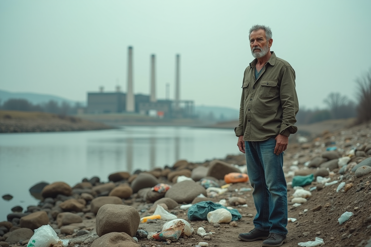 Homme regardant la pollution au bord de la rivière