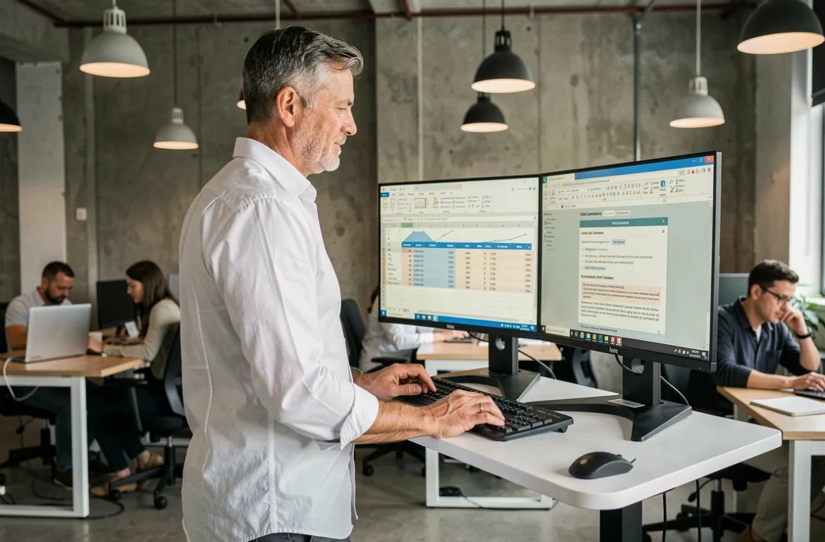 Homme debout devant deux écrans affichant un tableau Excel de conversion kg en tonnes dans un espace de coworking