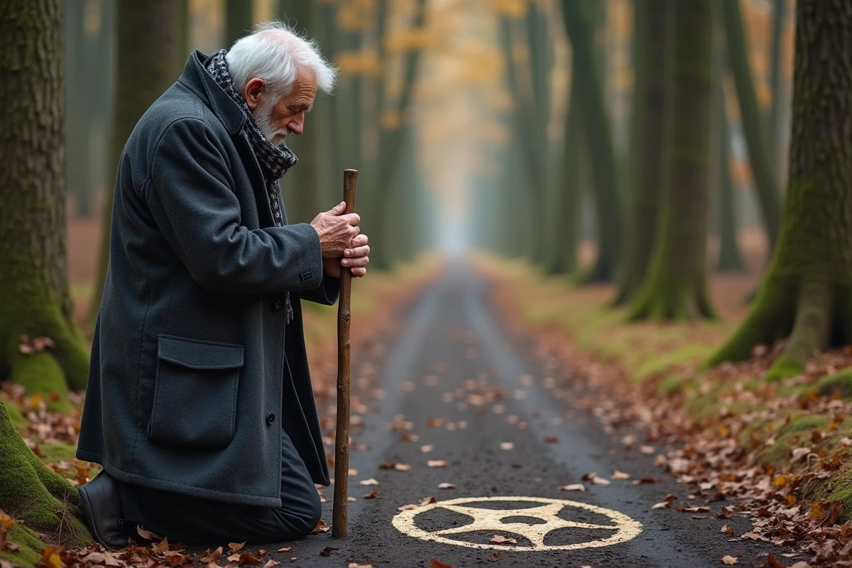 Homme dessine le Vegv&iacute;sir dans la for&ecirc;t automnale