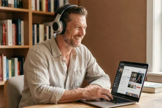 Homme écoutant le podcast Les Grosses Têtes sur ordinateur avec un casque audio dans un bureau cosy