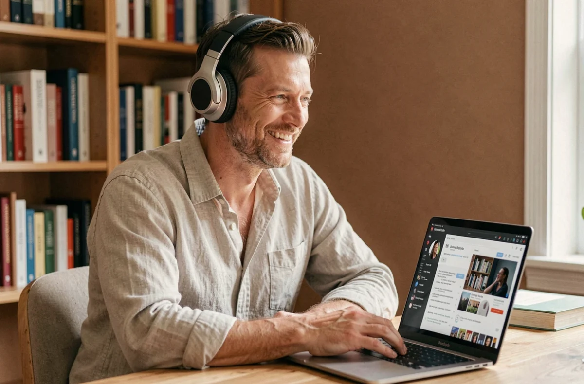 Homme écoutant le podcast Les Grosses Têtes sur ordinateur avec un casque audio dans un bureau cosy