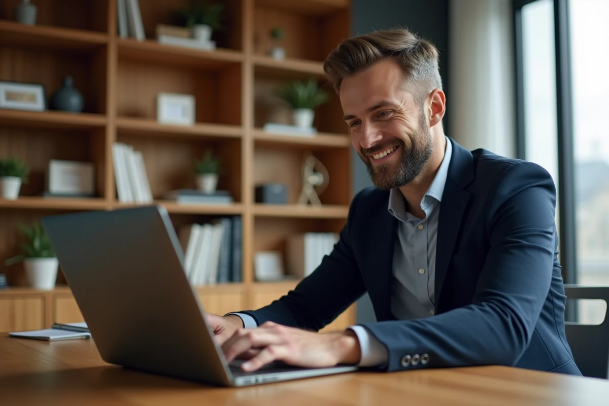 Homme élégant en blazer marine créant un profil sur un site de rencontres haut de gamme depuis son bureau à domicile