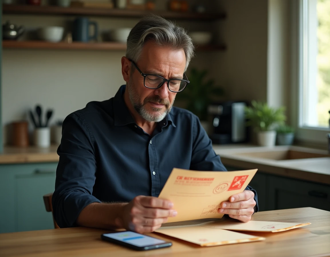 Homme examinant une enveloppe recommandée avec cachet postal à la table de cuisine