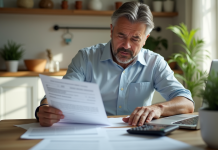 Homme espagnol étudiant des papiers immobiliers dans une cuisine