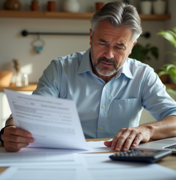 Vente immobilière en Espagne : impôt à payer et fiscalité Homme espagnol étudiant des papiers immobiliers dans une cuisine