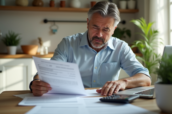 Homme espagnol étudiant des papiers immobiliers dans une cuisine