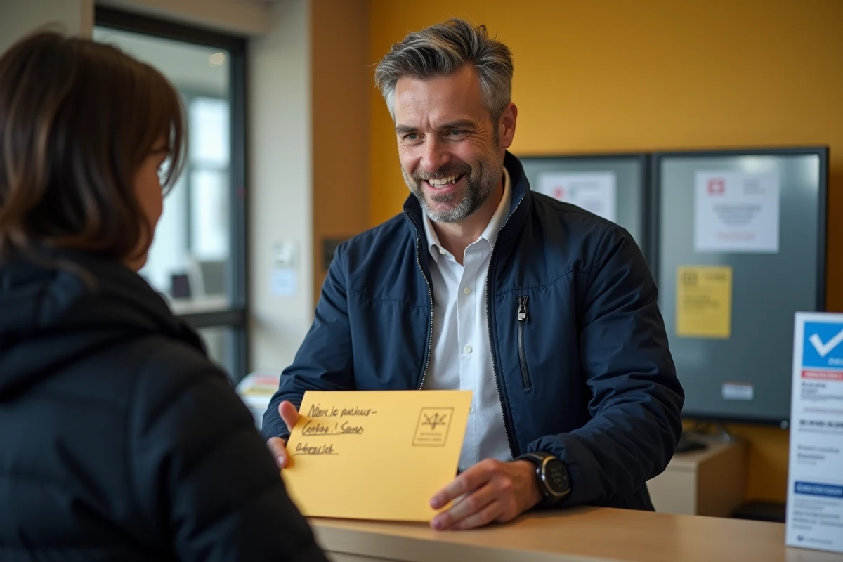 Homme déposant un formulaire de réexpédition de courrier au guichet d'un bureau de poste