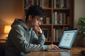 Jeune homme frustré devant un écran d'ordinateur portable affichant une page d'erreur, entouré de mangas sur une étagère