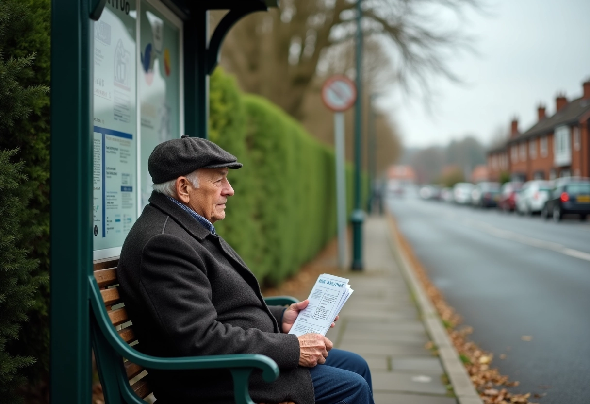 Homme âgé assis sur un banc avec un horaire papier