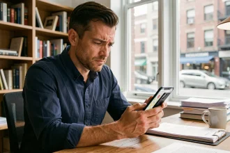 Homme confus consultant Google Maps sur son smartphone avec une adresse introuvable au bureau