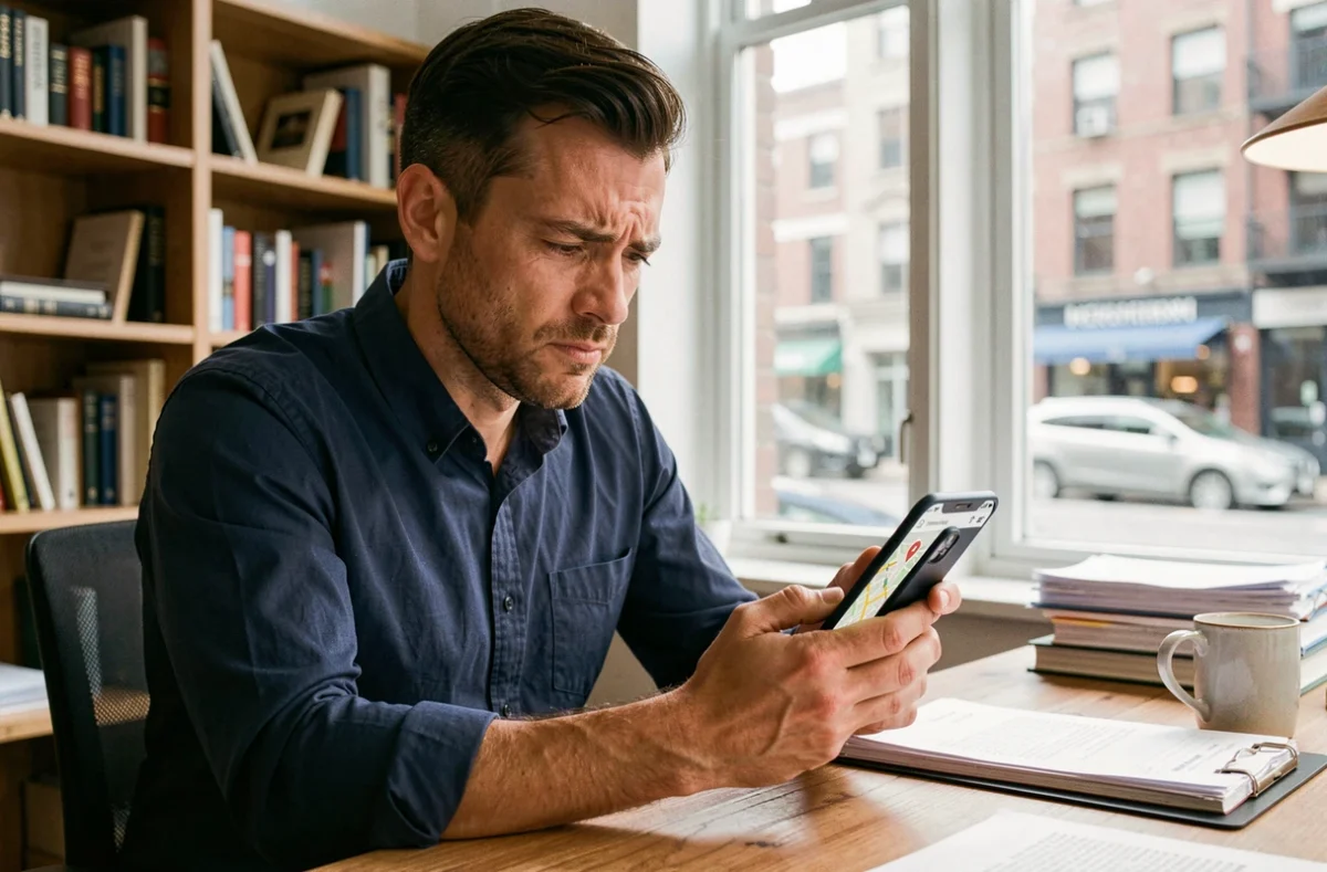 Homme confus consultant Google Maps sur son smartphone avec une adresse introuvable au bureau