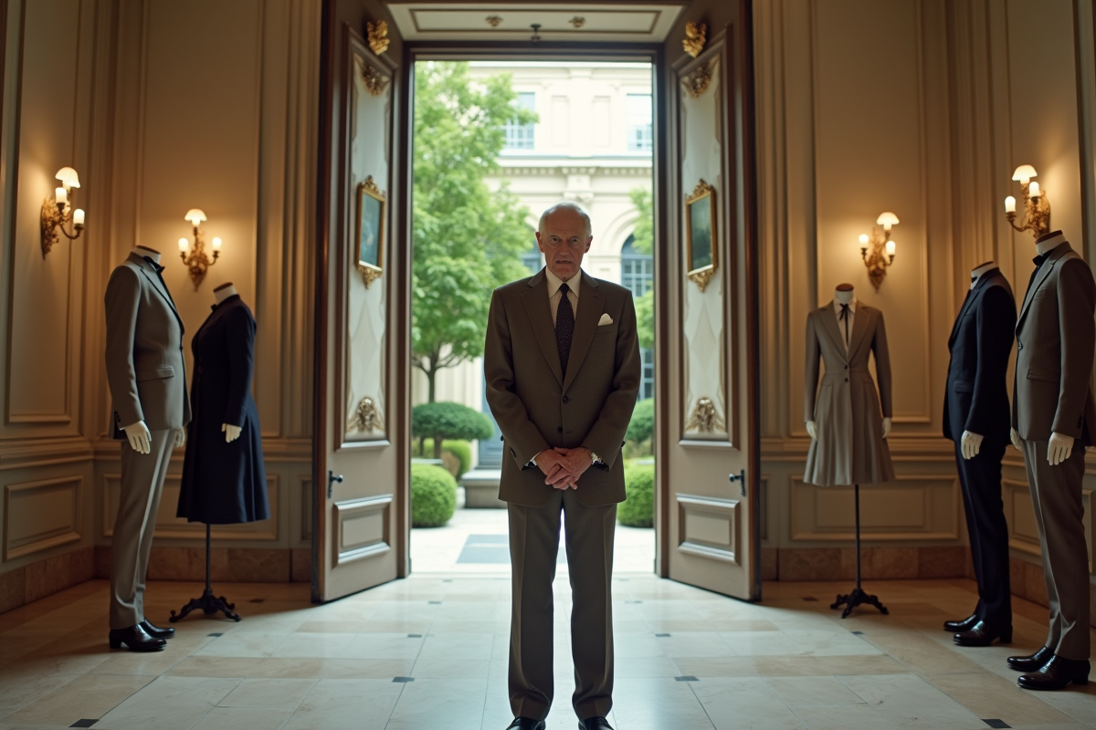 Homme en tweed devant un salon parisien élégant