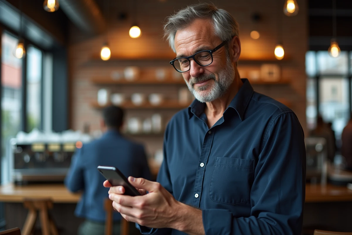 Homme lisant les actualités sur Gospi depuis son smartphone dans un café urbain animé