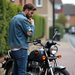 Les points clés à vérifier avant d’acheter un Dax 125 d’occasion Homme inspectant une moto Dax 125 en extérieur dans un quartier