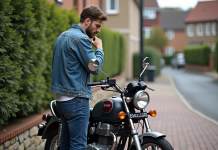 Homme inspectant une moto Dax 125 en extérieur dans un quartier