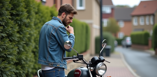 Homme inspectant une moto Dax 125 en extérieur dans un quartier