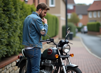 Les points clés à vérifier avant d’acheter un Dax 125 d’occasion Homme inspectant une moto Dax 125 en extérieur dans un quartier