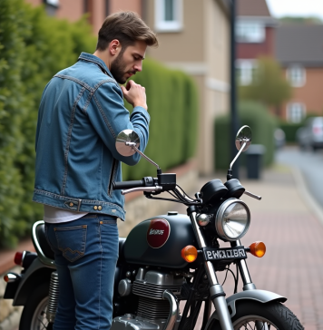 Homme inspectant une moto Dax 125 en extérieur dans un quartier