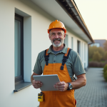 Prix du crépi pour une maison de 100 m² : guide et astuces Homme en overalls devant maison à crépi blanc moderne