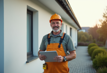 Prix du crépi pour une maison de 100 m² : guide et astuces Homme en overalls devant maison à crépi blanc moderne