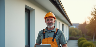 Homme en overalls devant maison à crépi blanc moderne