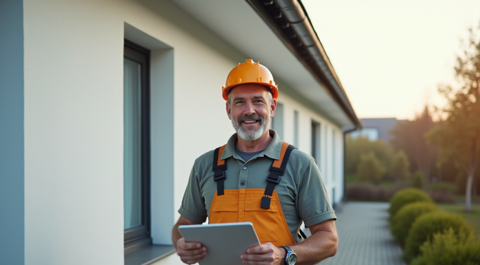 Prix du crépi pour une maison de 100 m² : guide et astuces Homme en overalls devant maison à crépi blanc moderne