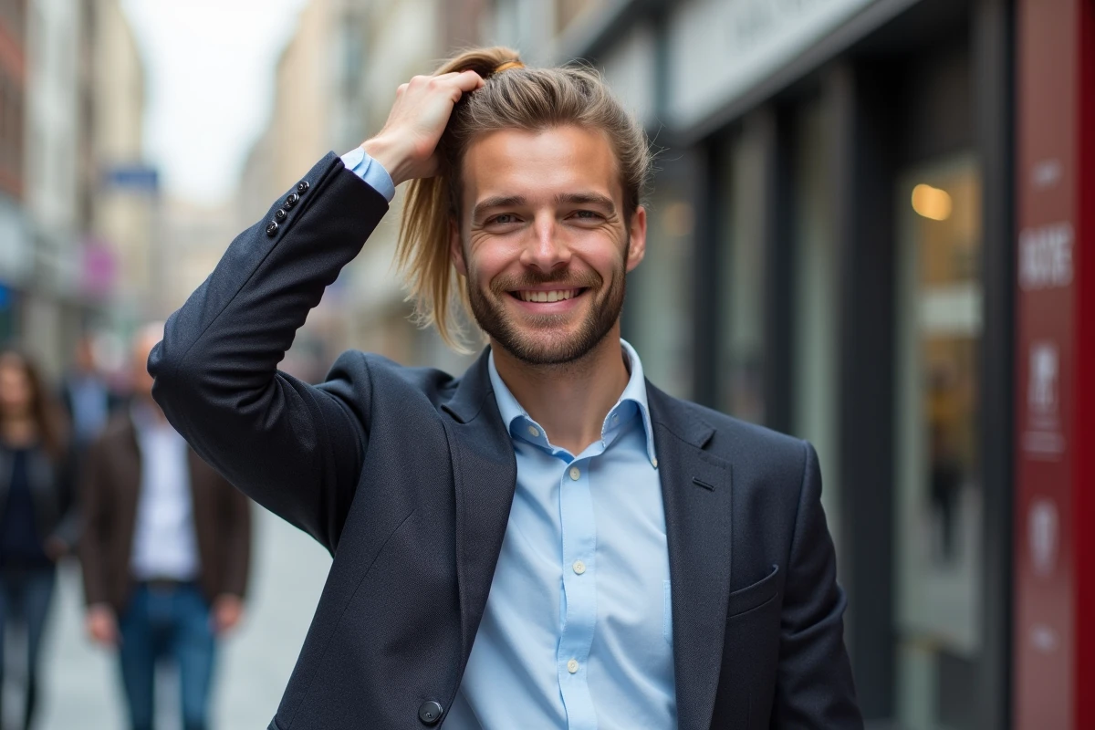 Homme en ville se coiffant avec un sourire naturel