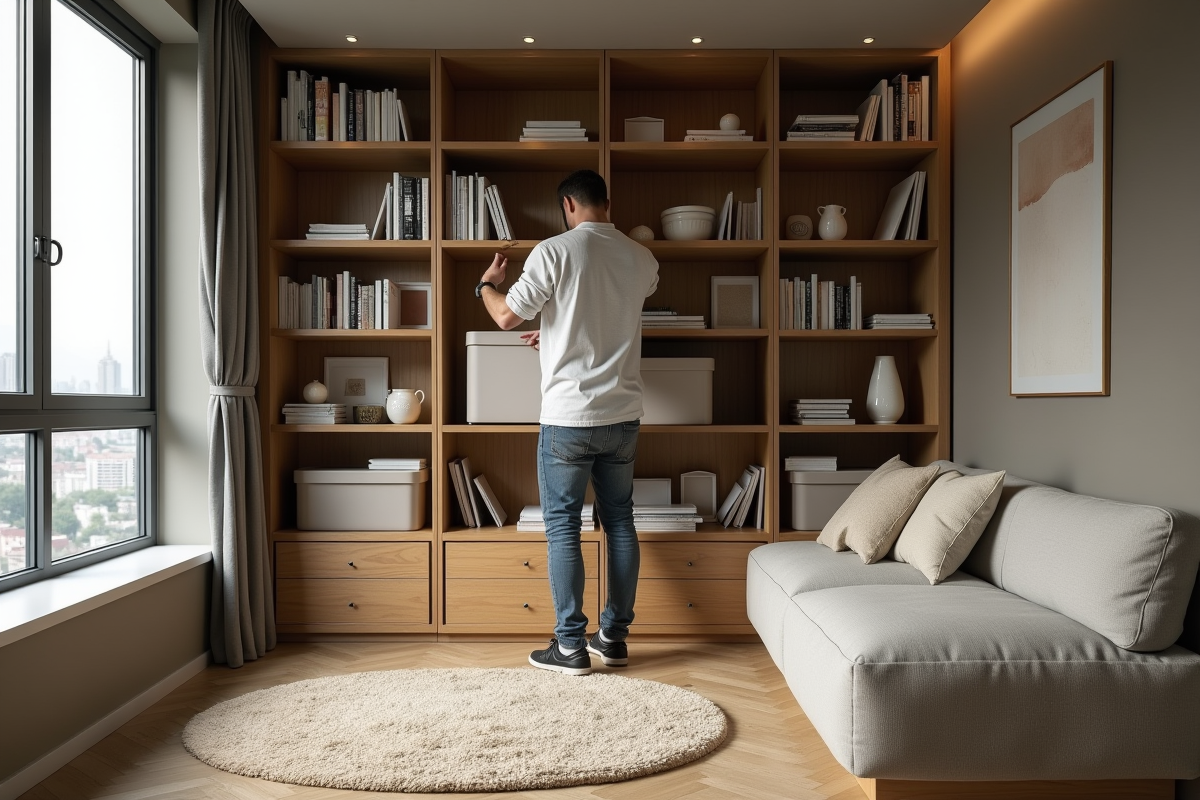 Homme arrangeant des livres dans un salon compact et bien rangé