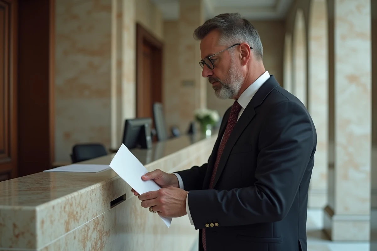 Homme en costume d&eacute;posant une lettre &agrave; la poste dans un bureau notarial