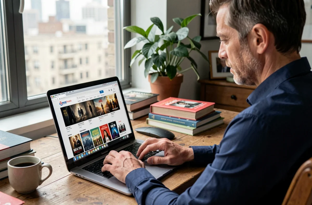 Homme recherchant la nouvelle adresse d'un site de films sur son ordinateur portable