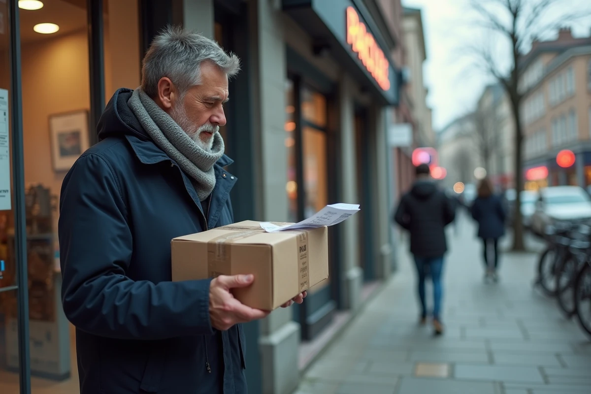 Homme dehors dans une boutique de colis en ville