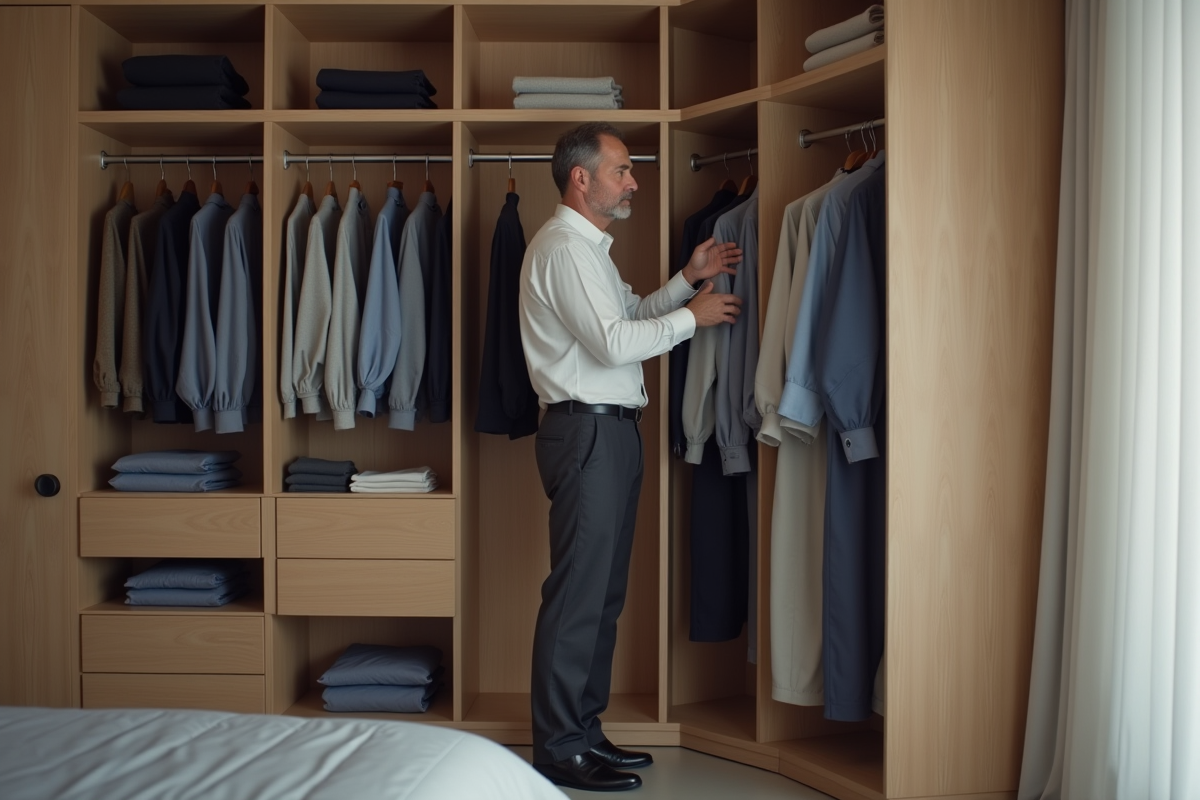 Homme en tenue décontractée choisissant ses vêtements dans une armoire