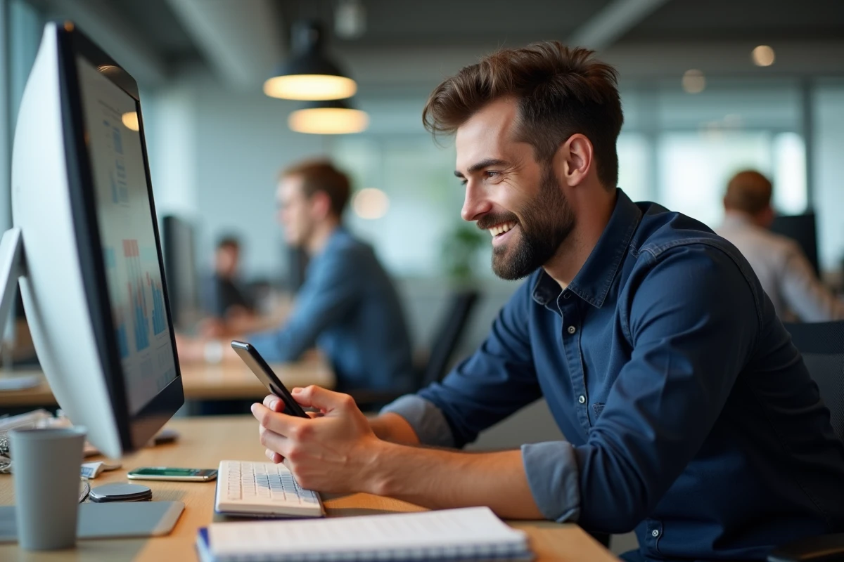 Homme seul jouant à Cepantix sur son smartphone dans un bureau