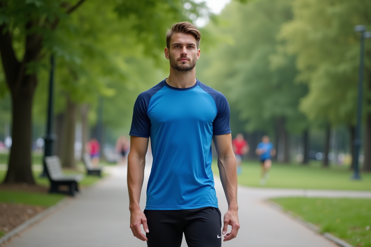 Homme sportif respirant calmement dans un parc urbain