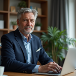 Retraite : comment préparer avec 4000 € par mois pour l’avenir ? Homme d'âge moyen en costume bleu dans un bureau moderne