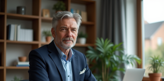 Homme d'âge moyen en costume bleu dans un bureau moderne