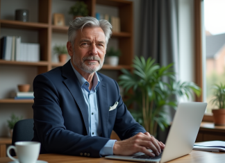 Retraite : comment préparer avec 4000 € par mois pour l’avenir ? Homme d'âge moyen en costume bleu dans un bureau moderne