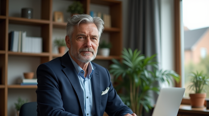 Retraite : comment préparer avec 4000 € par mois pour l’avenir ? Homme d'âge moyen en costume bleu dans un bureau moderne