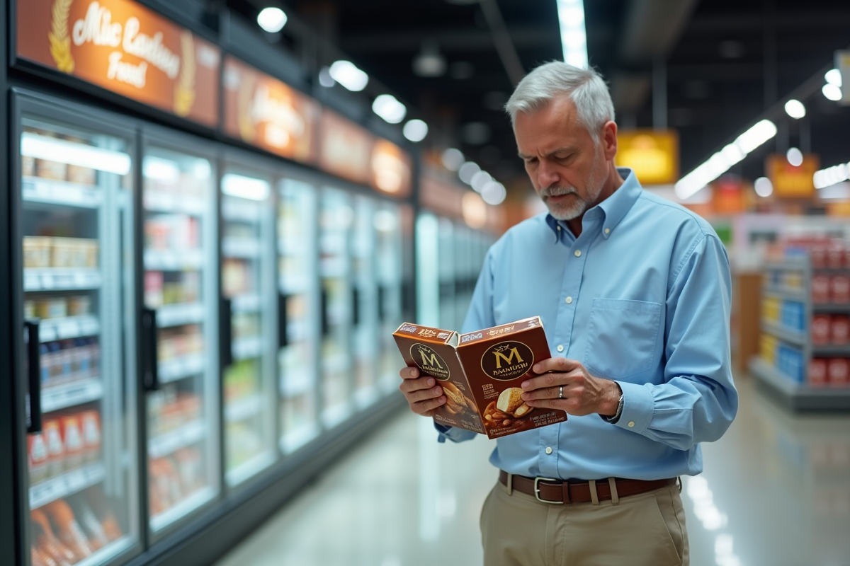 Homme compare des emballages de glace Magnum en supermarche