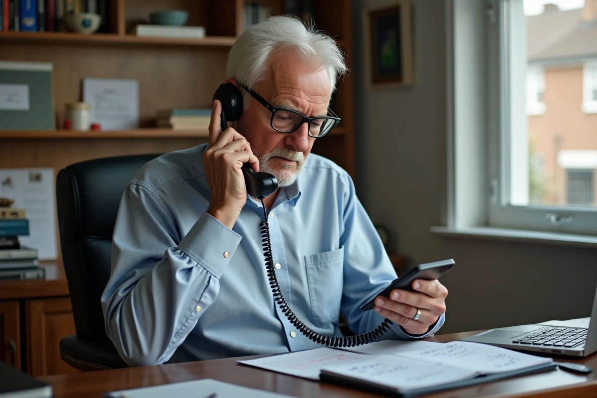 Homme âgé avec téléphone sans fil dans un bureau à domicile