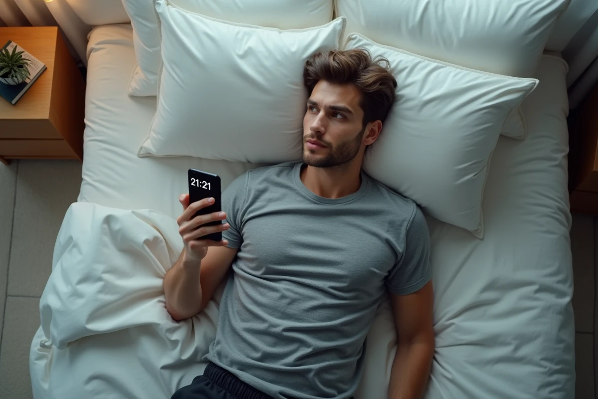 Homme allongé observant 21h21 sur son smartphone, questionnant la signification des heures miroirs