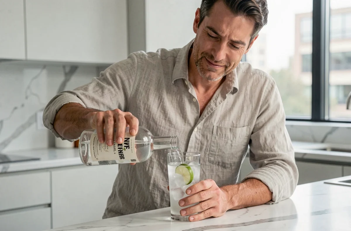 Homme versant du gin artisanal dans un verre avec glaçons et tranche de citron vert dans une cuisine moderne